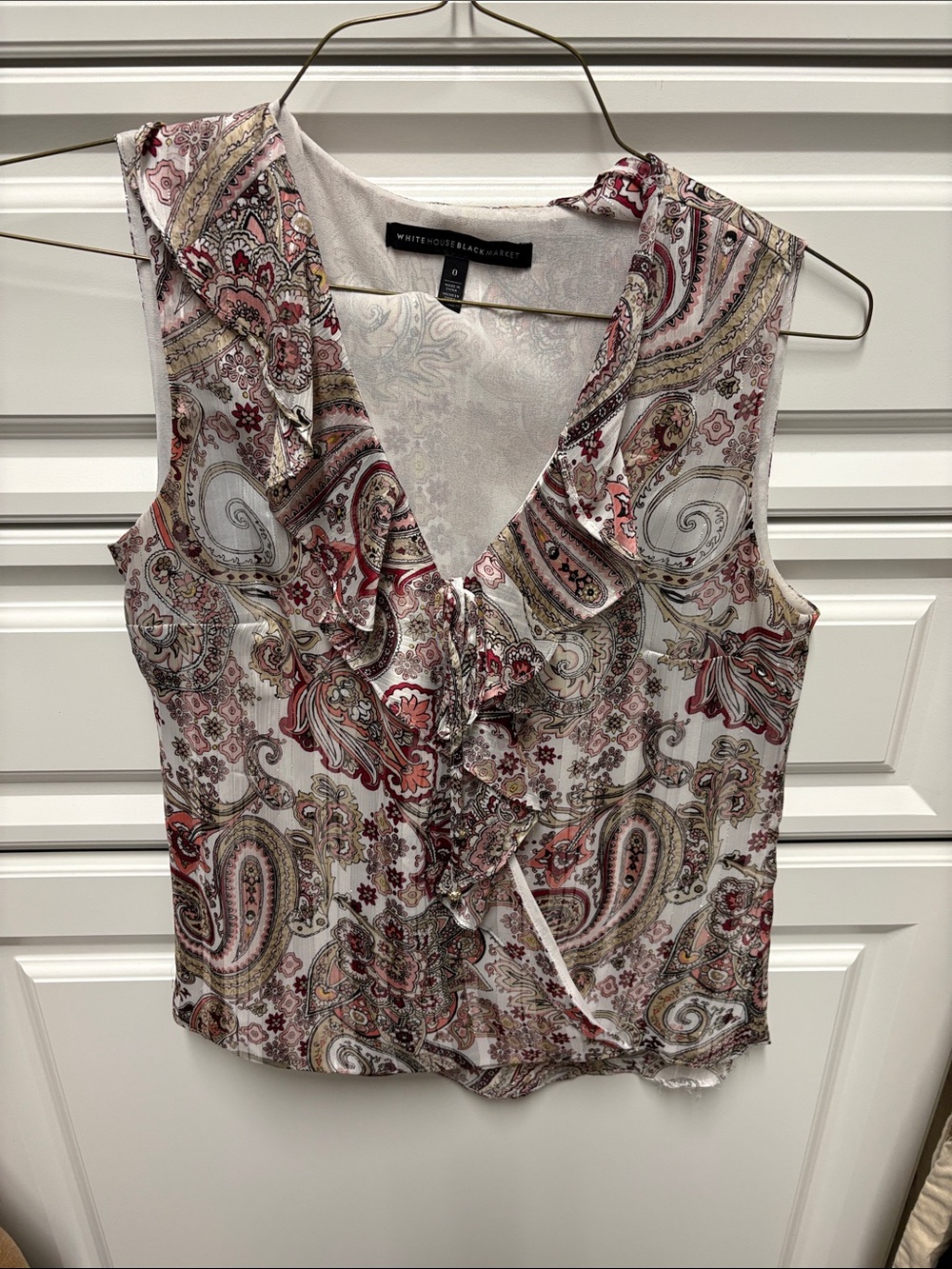 White House Black Market Paisley Ruffle V-Neck Camisole in Pink and Cream